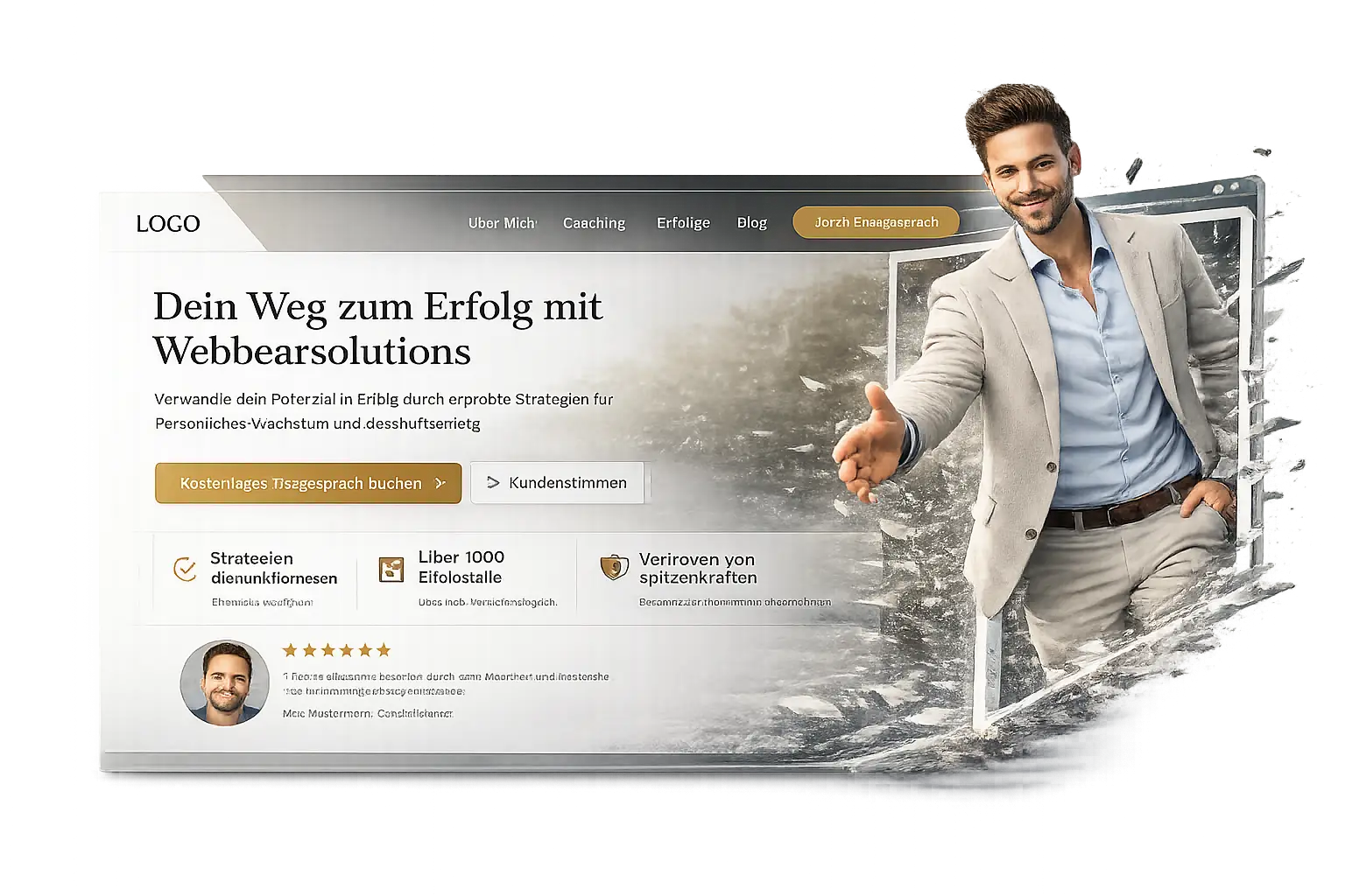 Webdesign Konstanz: Moderne Coaching-Webseite mit Berater im Anzug und klaren Call-to-Action-Elementen für mehr digitale Sichtbarkeit