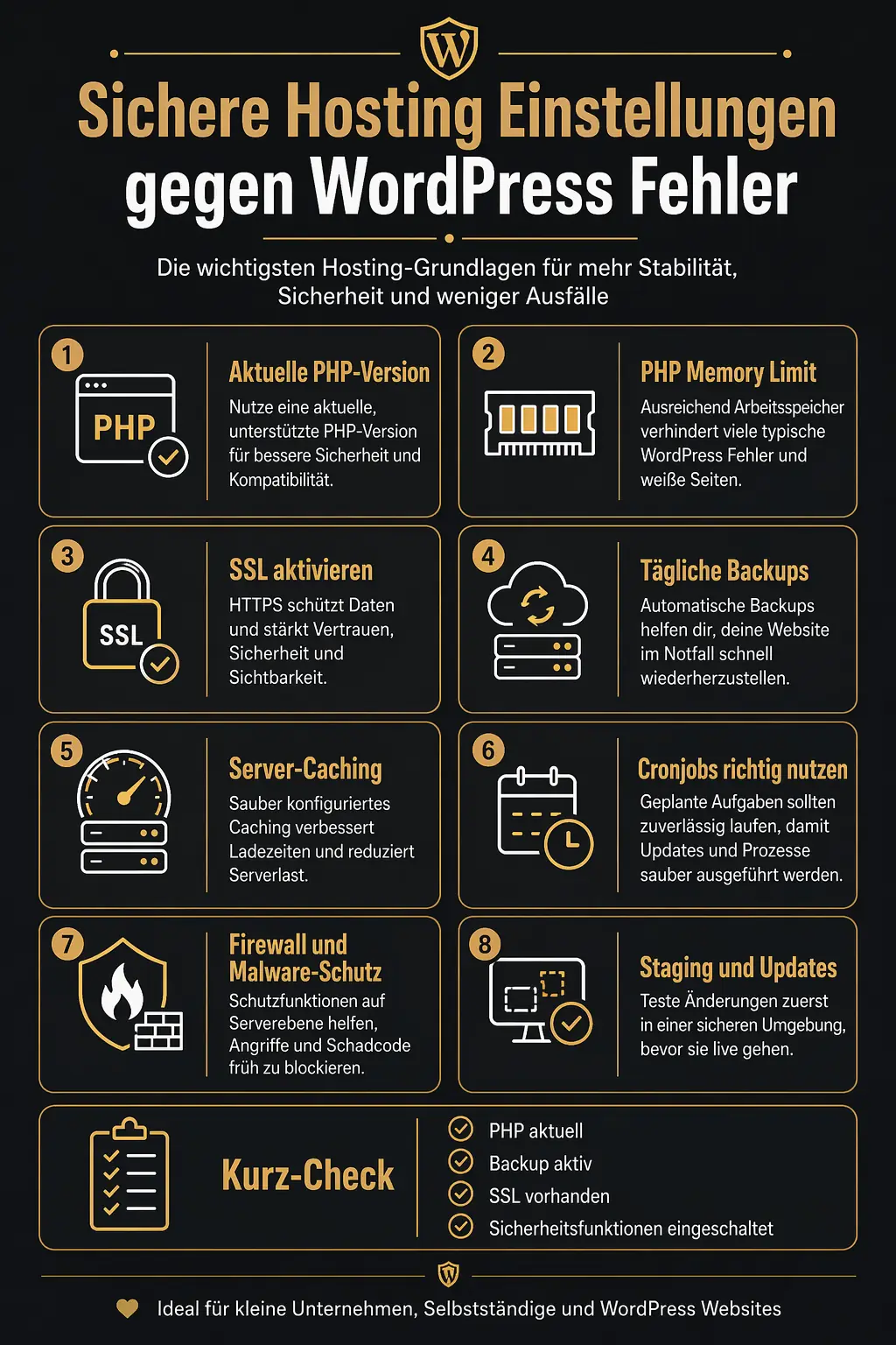 Hosting Einstellungen: Infografik zeigt sichere Hosting Einstellungen gegen WordPress Fehler, Ausfälle und Sicherheitsrisiken