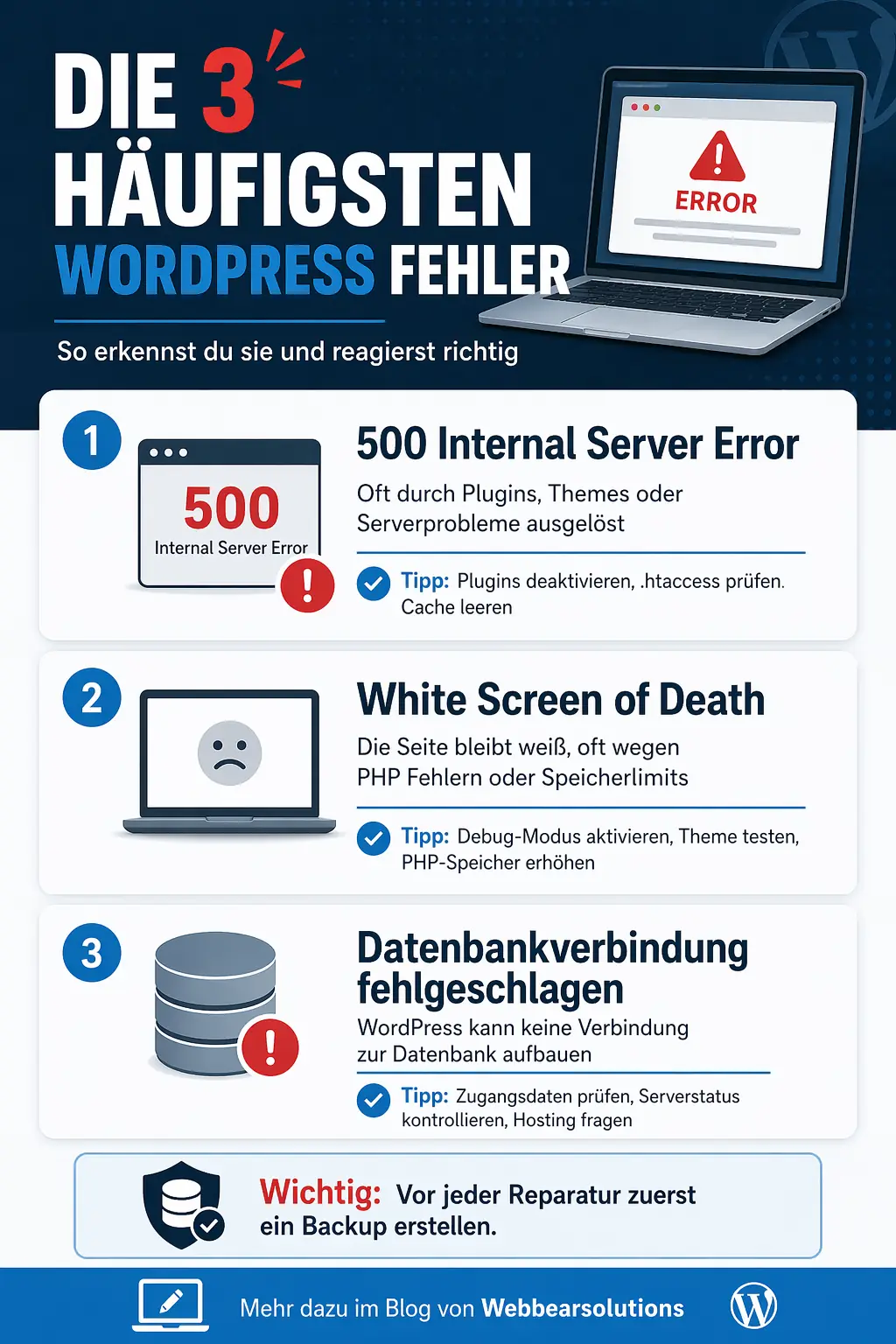 Infografik erklärt die 3 häufigsten WordPress Fehler und passende Lösungen
