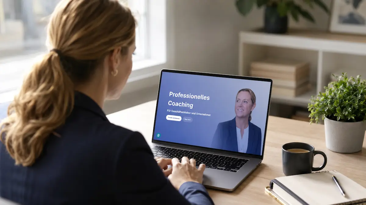 Website erstellen lassen. Unternehmerin besucht Coaching-Webseite am Laptop Website erstellen lassen. Unternehmerin besucht Coaching-Webseite am Laptop: Unternehmerin informiert sich am Laptop über professionelles Coaching für Geschäftsinhaber und Selbstständige