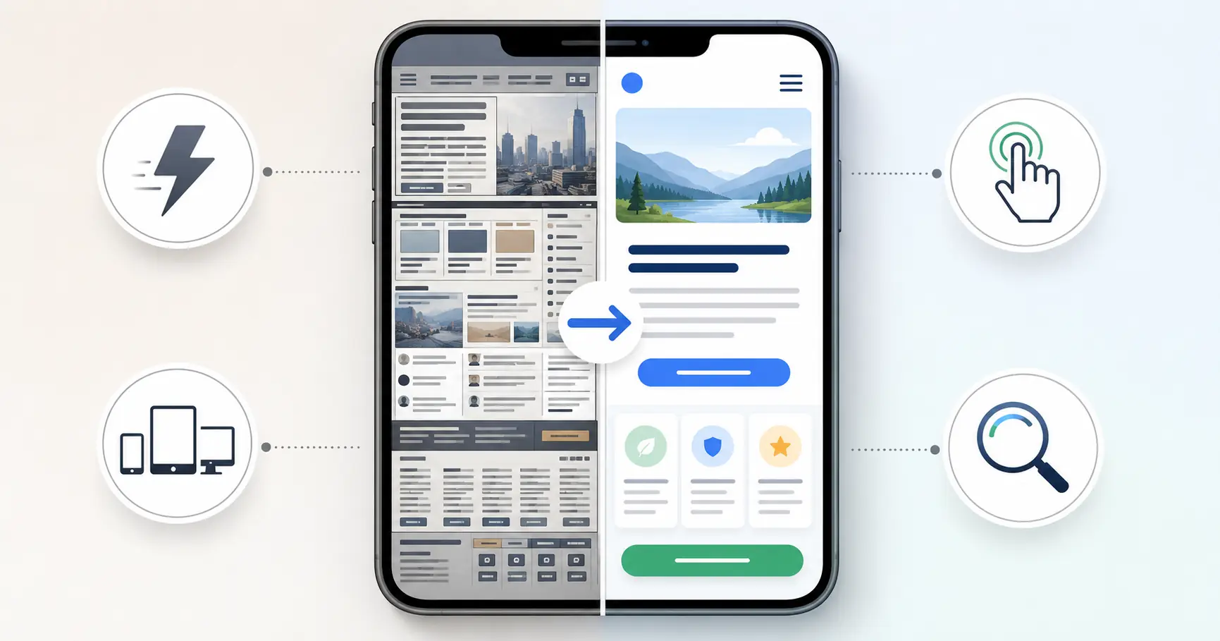 Vergleich einer mobil optimierten Webseite Mobile Website vor und nach der Optimierung für Ladezeit, Bedienung und SEO