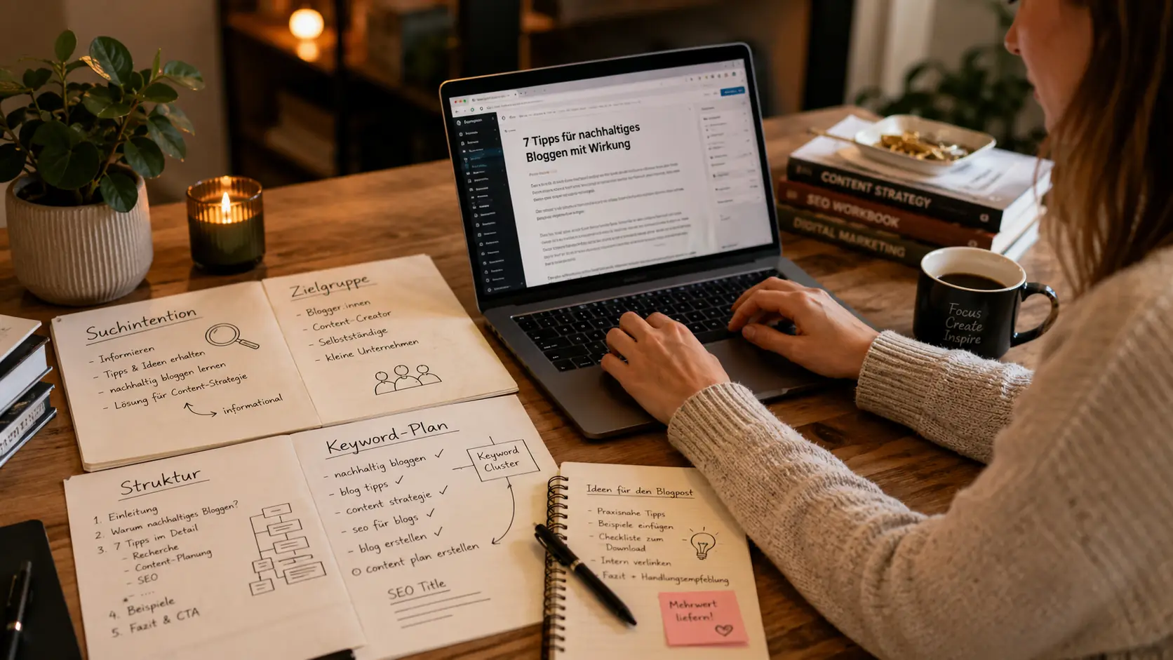 guten Blogbeitrag schreiben: Blogbeitrag am Laptop planen mit Keyword-Plan, Suchintention und Zielgruppe für nachhaltiges Bloggen