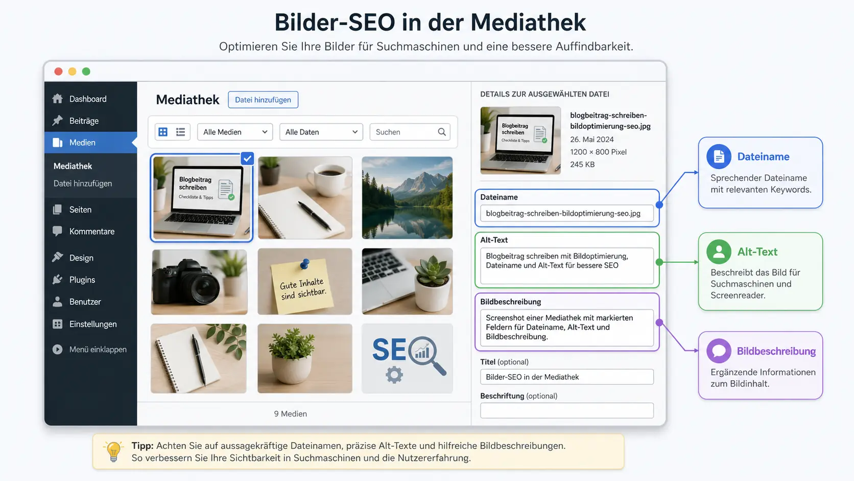 Bilder-SEO in der WordPress-Mediathek mit Dateiname, Alt-Text und Bildbeschreibung optimieren