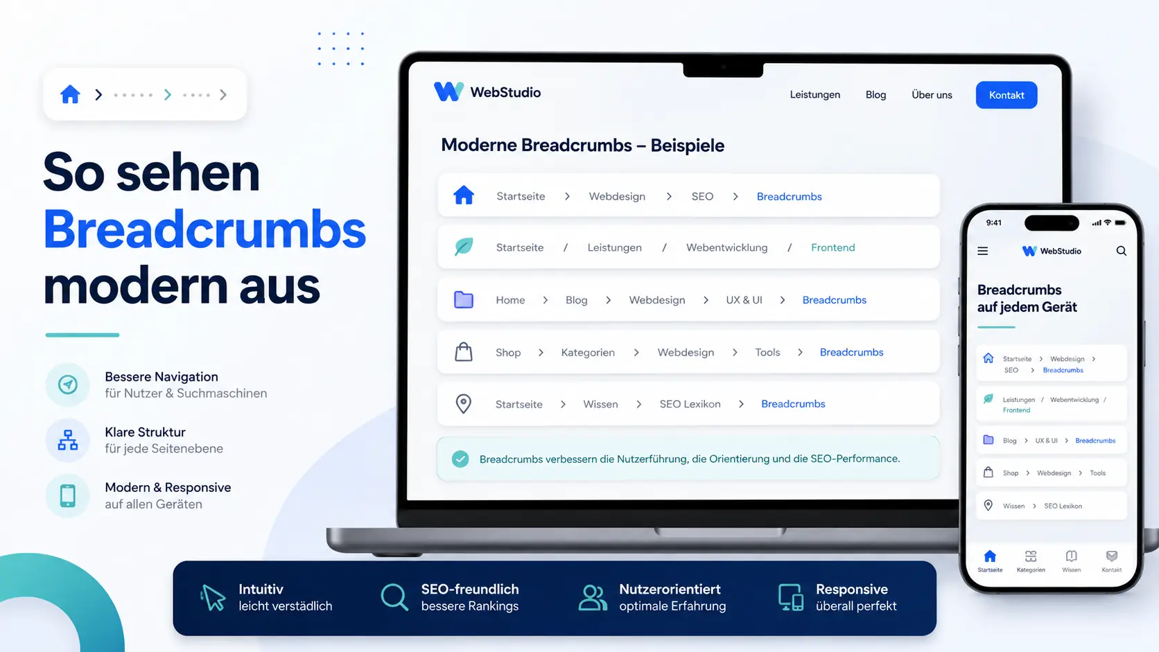 Moderne Breadcrumb-Navigation auf Laptop und Smartphone für bessere Nutzerführung und SEO