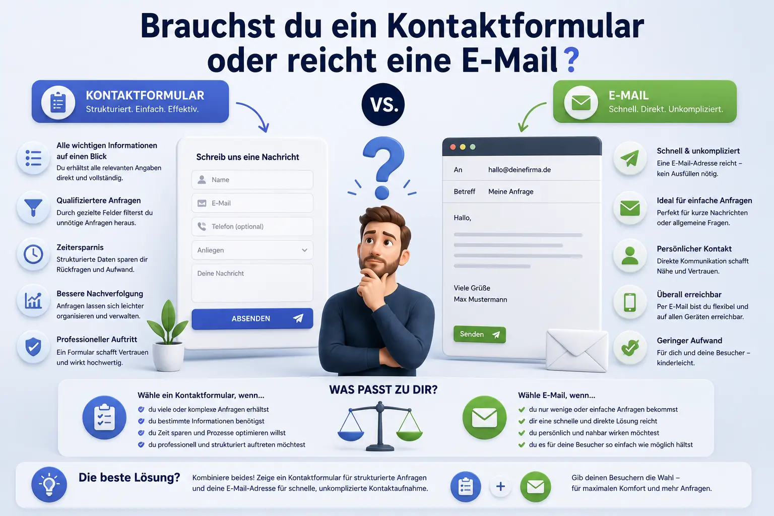 Brauchst du ein Kontaktformular oder reicht eine E-Mail? Infografik zum Vergleich zwischen Kontaktformular und E-Mail mit Vorteilen, Entscheidungshilfe und Empfehlung, beide Kontaktmöglichkeiten anzubieten.