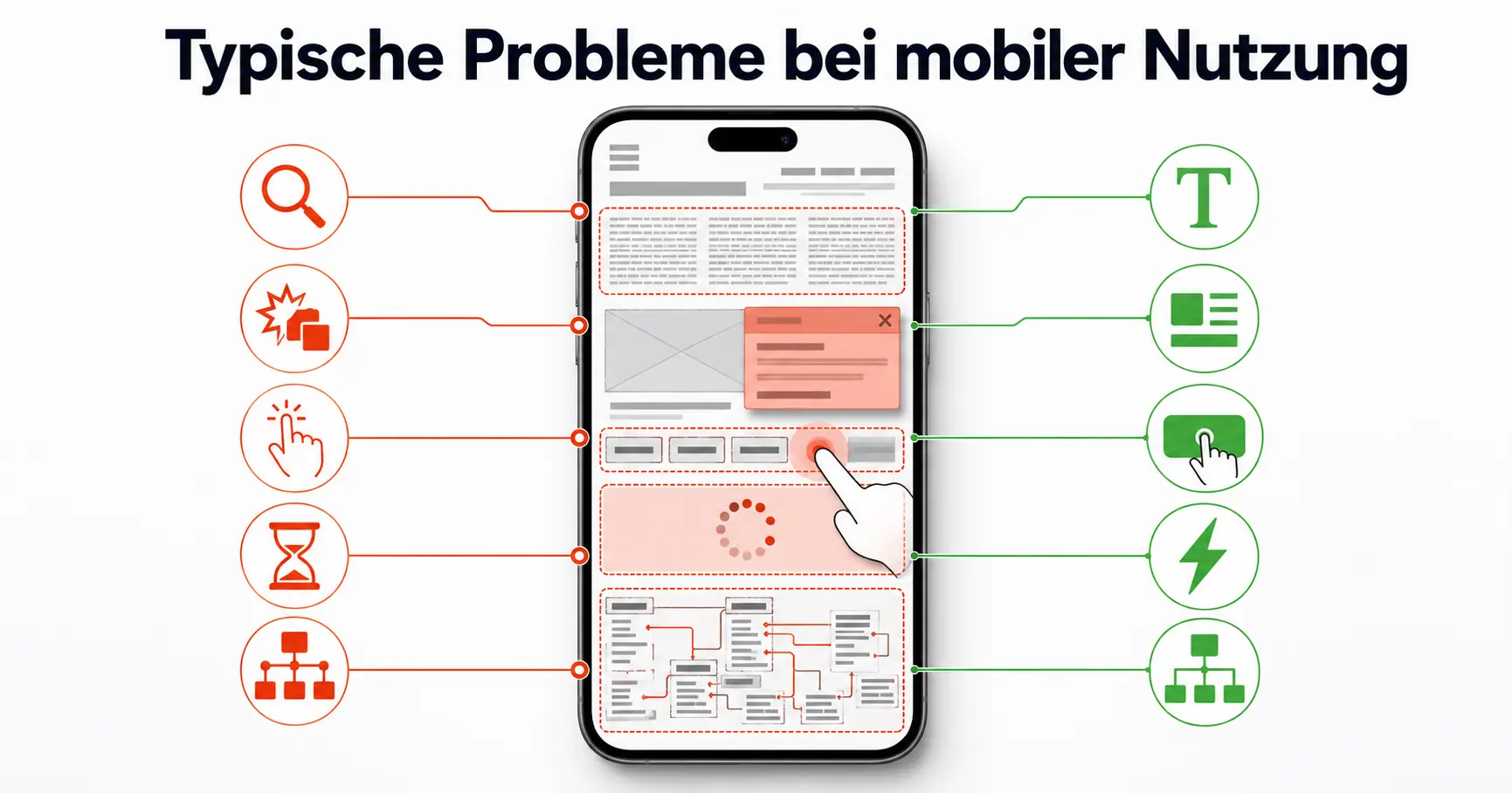 Häufige Fehler bei der mobilen Webseitennutzung Typische Probleme mobiler Webseiten wie kleine Texte, lange Ladezeiten und unklare Navigation