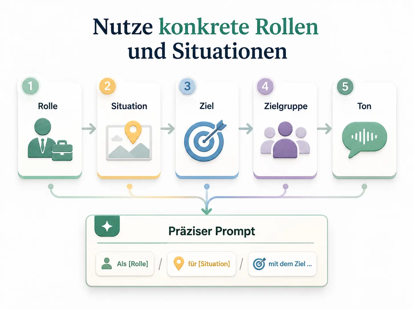 KI für Website Texte: Nutze konkrete Rollen und Situationen KI für Website Texte: Infografik zu konkreten Rollen und Situationen in KI-Prompts mit den Schritten Rolle, Situation, Ziel, Zielgruppe und Ton.