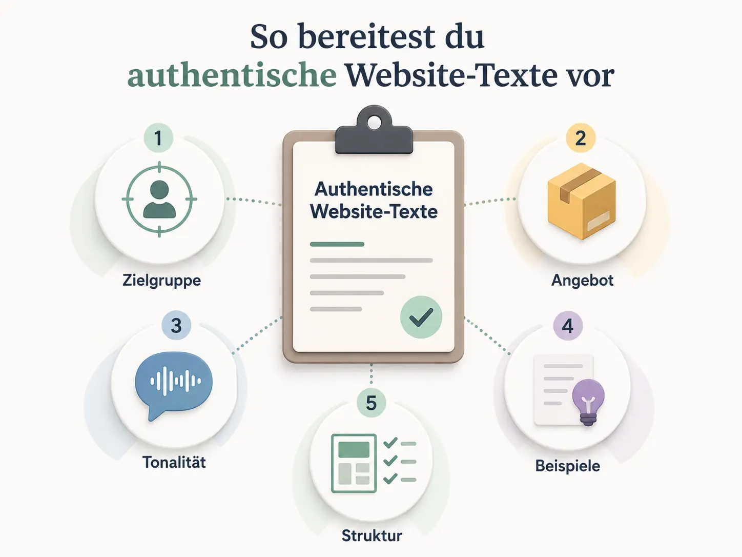 KI für Website Texte: So bereitest du authentische Website-Texte vor KI für Website Texte: Schaubild zur Vorbereitung authentischer Website-Texte mit den Bereichen Zielgruppe, Angebot, Tonalität, Beispiele und Struktur.