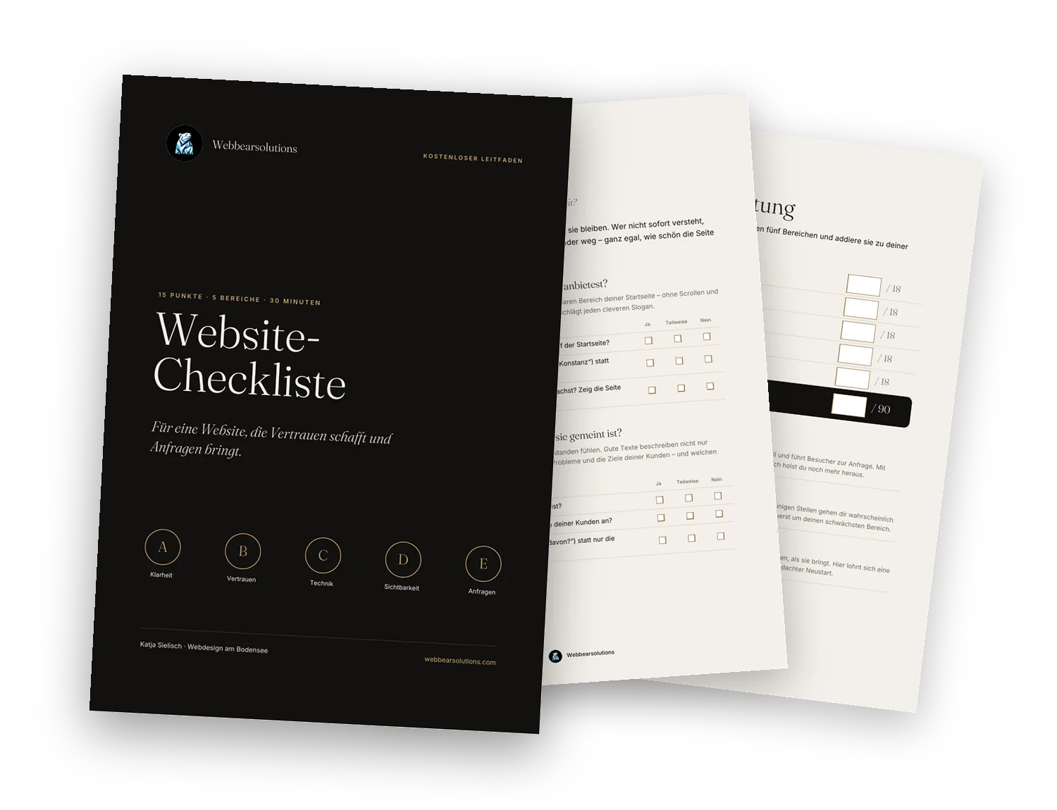 Website Checkliste: Mockup mit Cover, Bereich Klarheit und Auswertungsbogen