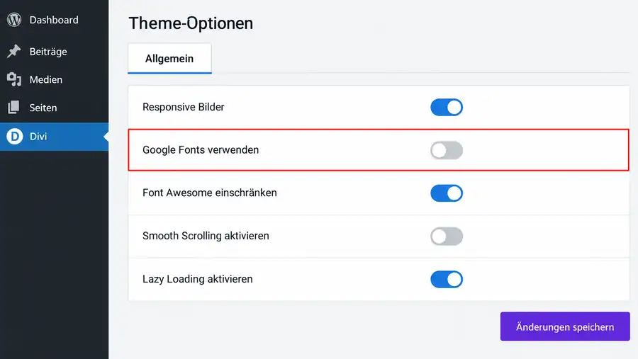 Google Fonts lokal einbinden: Divi Theme-Optionen Google Fonts lokal einbinden: Google Fonts in den Divi Theme-Optionen deaktivieren