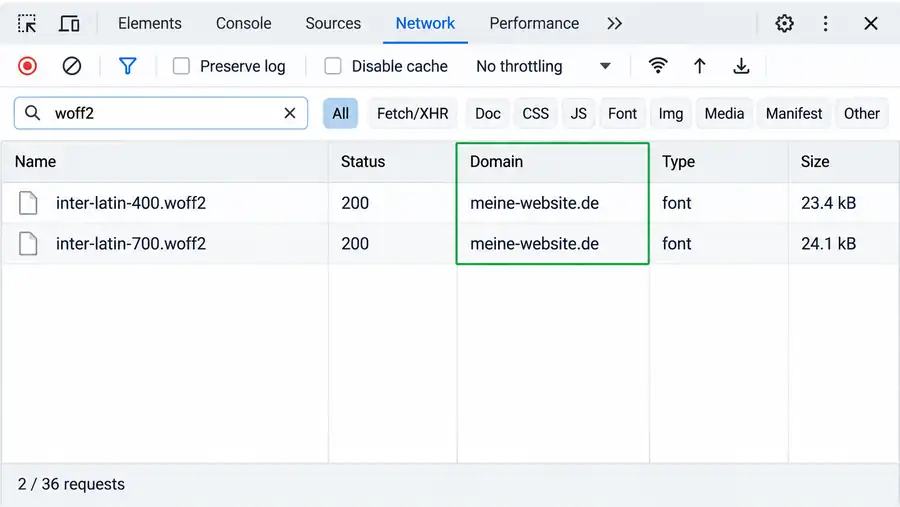 Google Fonts lokal einbinden: lokale Schriftdateien kontrollieren Google Fonts lokal einbinden: Schriften laden nach der Umstellung von der eigenen Domain