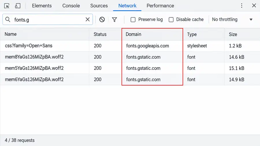 Google Fonts lokal einbinden: externe Font-Anfragen erkennen Google Fonts lokal einbinden: Entwicklertools zeigen Anfragen an fonts.gstatic.com
