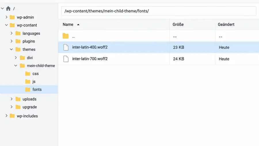 Google Fonts lokal einbinden: Schriftdateien im Child-Theme Google Fonts lokal einbinden: WOFF2-Dateien im fonts-Ordner des Child-Themes