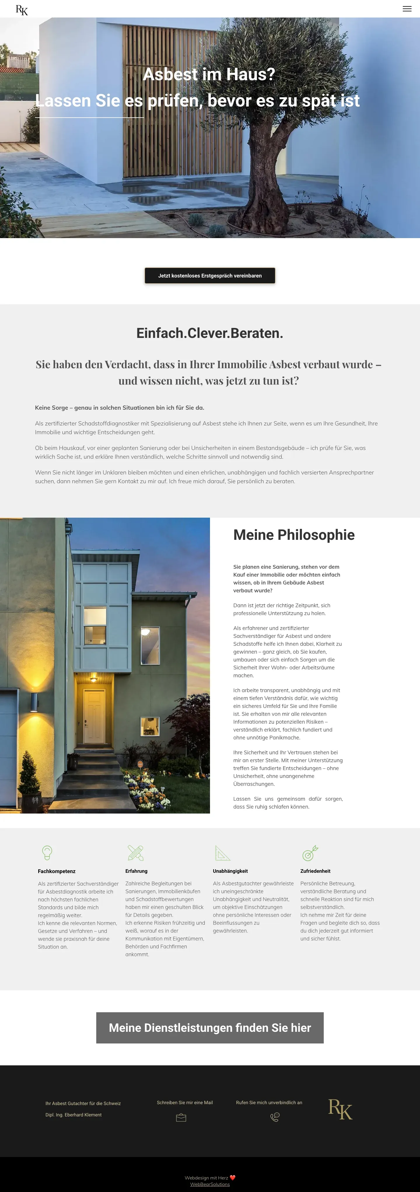Home Webdesign Agentur Konstanz – Moderne Website erstellen lassen 2 Ausschnitt der Website asbest-gutachter.ch: Startseite mit Philosophie und vier Kompetenzsäulen
