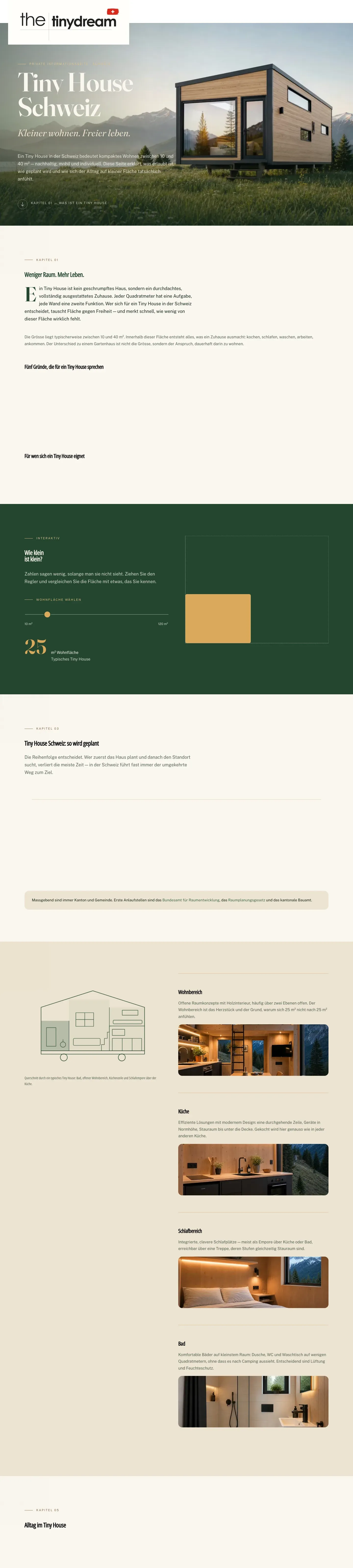 Home Webdesign Agentur Konstanz – Moderne Website erstellen lassen 3 Ausschnitt der Website tinydream.ch: Tiny House Schweiz mit Kapiteln, Flächenvergleich und Raumtypen
